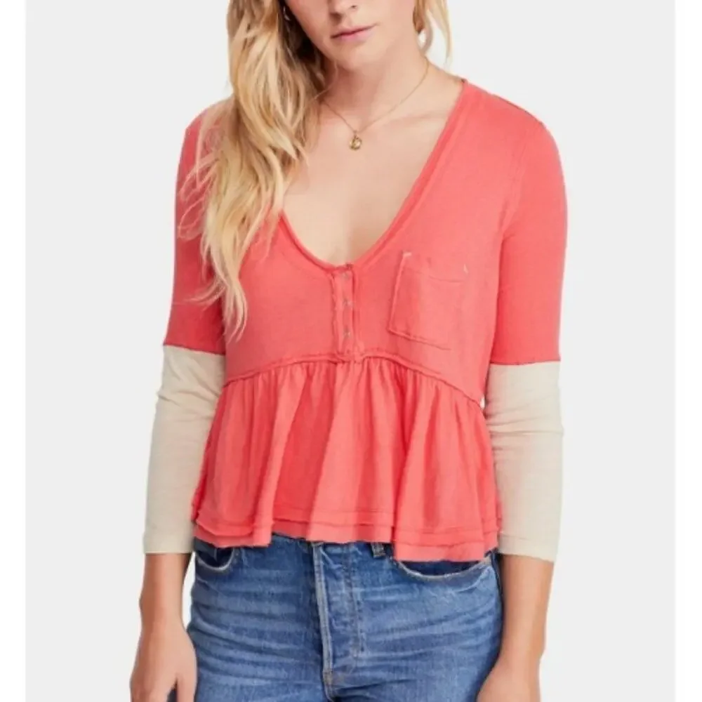Free People Women's 3/4 Blouse Heart of Mine Cotton Flounce-Hem Colorblock Red M - Picture 1 of 7